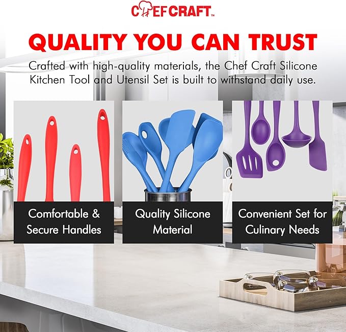 Chef Craft - Premium Silicone Kitchen Tools and Utensils Set, Non-Scratch, Withstands Temperatures up to 450°F, BPA-Free, 5 Piece Cooking Utensils Set, Pink
