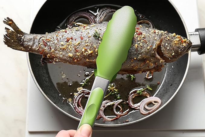 Premium Silicone Set of 2 Cooking Tongs, 9-Inch & 12-Inch BPA Free Non-Stick Stainless Steel BBQ Grilling Locking Food Tong, Light Green