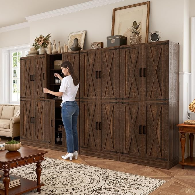Unikito Kitchen Pantry Cabinet with Farmhouse Barn Doors and Storage Drawer, 8 Adjustable Shelves, Freestanding Tall 71" Cupboard for Dining Room, Living Room, Utility Room, Weathered Brown 2 Pack