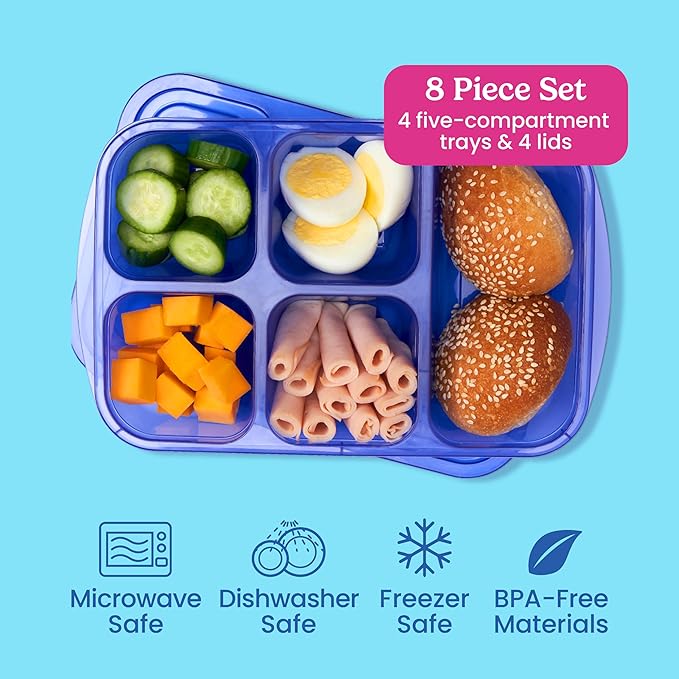 Bentgo Easyboxes - Reusable 5-Compartment Food Containers, Stackable 8-Piece Set, 4 Trays & 4 Lids, BPA-Free Food Storage for Meal Prep, School, & Work; Lunch Boxes w/Patented Design (Jewel Brights)