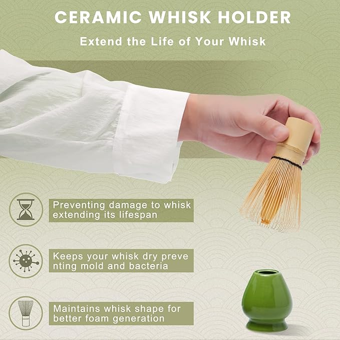 Matcha Whisk Set, Cactus Light Green Ceramic Matcha Set Includes Matcha Bowl, Matcha Whisk (Chasen) and Holder, Sifter, Bamboo Scoop & Spoon - 6 Pcs Matcha Kit for Matcha Lovers