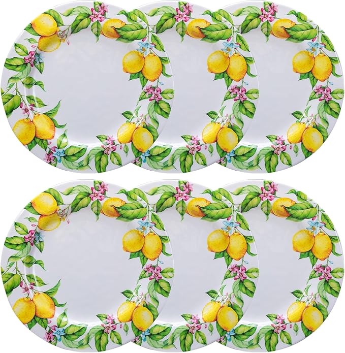 LEHAHA Melamine Dinner Plate Set of 6, 11” inch Lemon Plates Set, BPA Free, Lightweight and Break Resistant, Great for Parties, RVs, Picnic and Camping Trailer, Dishwasher Safe