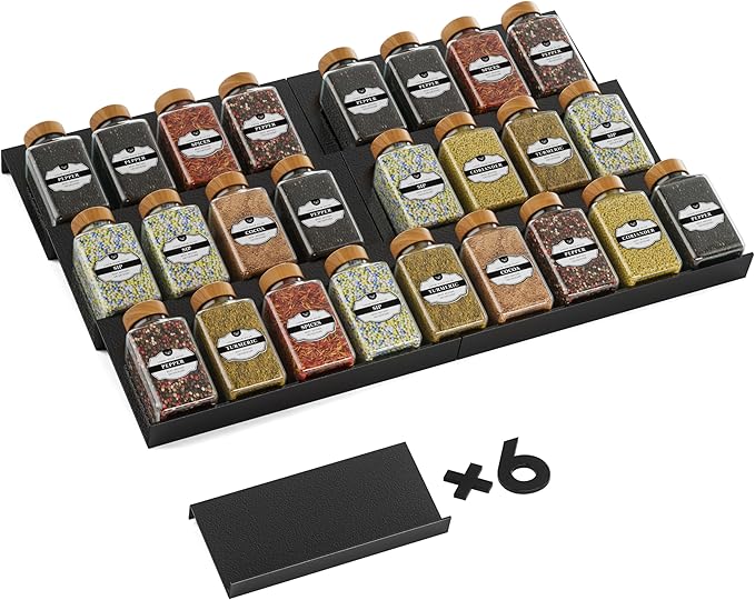 Artibear Expandable Aluminum Spice Rack Drawer Organizer for 8" to 16" Kitchen Cabinets Drawer Tray, Set of 6, Black