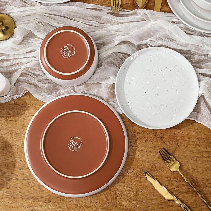 GZG Ceramic Dinner Salad Plates Set of 4, 8 Inch Speckled Dinnerware Dessert Plates with Clay-Tone Base, Microwave Oven Dishwasher Safe