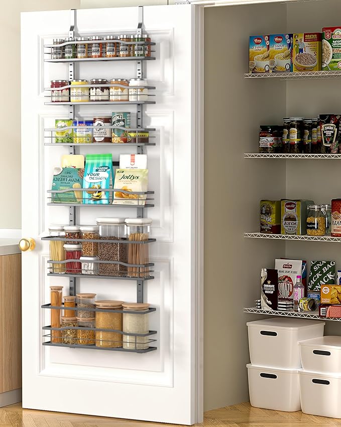 Moforoco 6-Tier Over The Door Pantry Organizer, Pantry Organization and Storage, Black Hanging Basket Cabinet Door Wall Spice Rack Shelves, Home & Kitchen Laundry Room Bathroom Essentials accessories