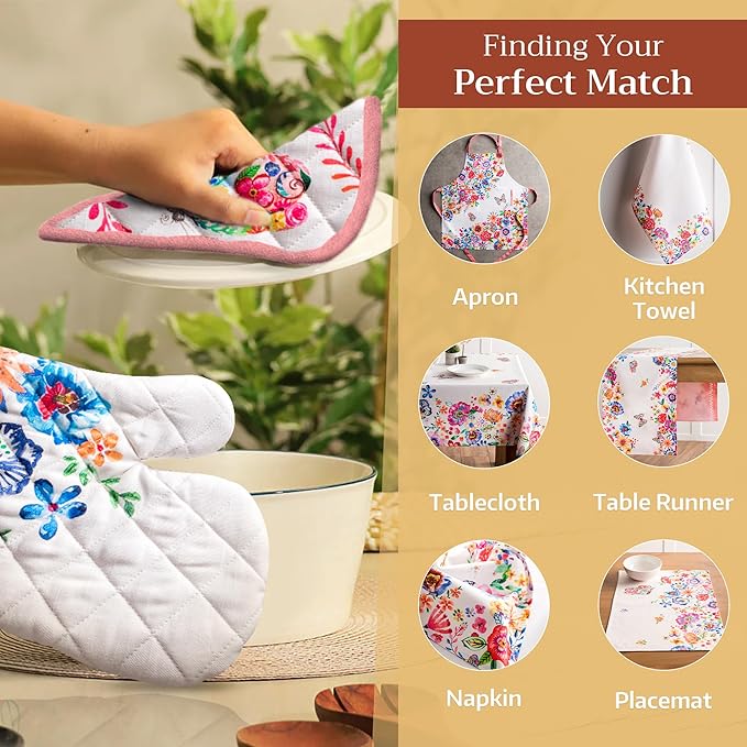 Maison d' Hermine Oven Gloves 100% Cotton Oven Mitt 7" x 13" with Loop Heat Resistant, BBQ, Cooking Gloves, Grilling, Kitchen, Handling Hot Pans Spring/Summer (Pack of 1, Happy Florals - High Summer)