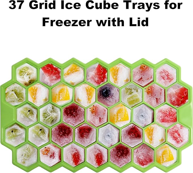 Ice Cube Trays for Freezer with Lid-Silicone Ice Cube Tray with Lid Ice Maker 2 Packs Green,Easy-Release Reusable Ice Cube in Organizer Bins or Ice Bucket for Cocktail bar or Iced Coffee Cup