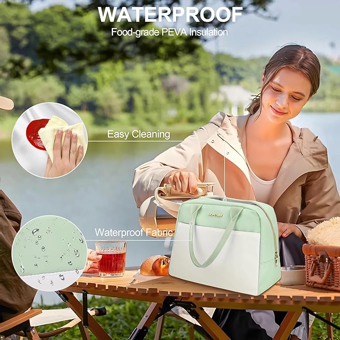 LOKASS Lunch Bag for Women-Insulated Adults Lunch Box with Front Pocket- Small Cute Lunch Tote for Work-Reusable Cooler Bag for Office Picnic Beach or Travel (Light Green)