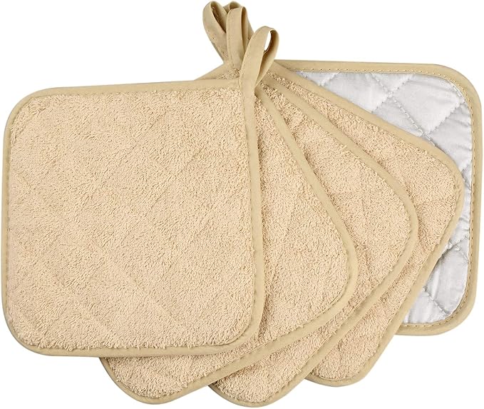 100% Cotton Kitchen Everyday Basic Terry Pot Holder Heat Resistant Coaster Potholder for Cooking and Baking Set of 5 Light Brown