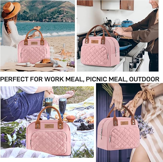 Buringer HOMESPON Lunch Bag for Woman Man Adults with Front Pocket Insulated Lunch Tote Lunch Box Container for Work Picnic or Travel（Pink）