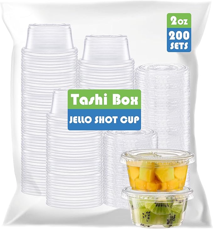 TashiBox Plastic Portion Cups with Lids [2 Ounce, 200 Sets] Disposable Plastic Cups for Meal Prep, Salad Dressing, Jellos Shot Cups, Souffle Cups, Condiment & Dipping Sauce Cups