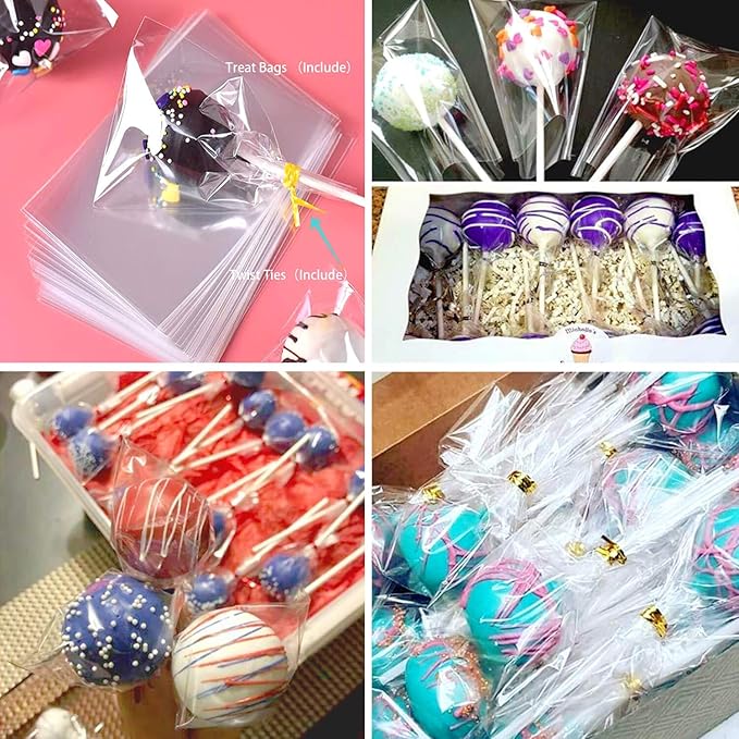 600PCS Christmas Cake Pop Sticks and Wrappers, Including 200pcs 6-inch Paper Lollipop Sticks, 200pcs Parcel Bags, 200pcs Gold Twist Ties for Lollipop, Candy, Chocolate, Marshmallows, and Fruit Skewers