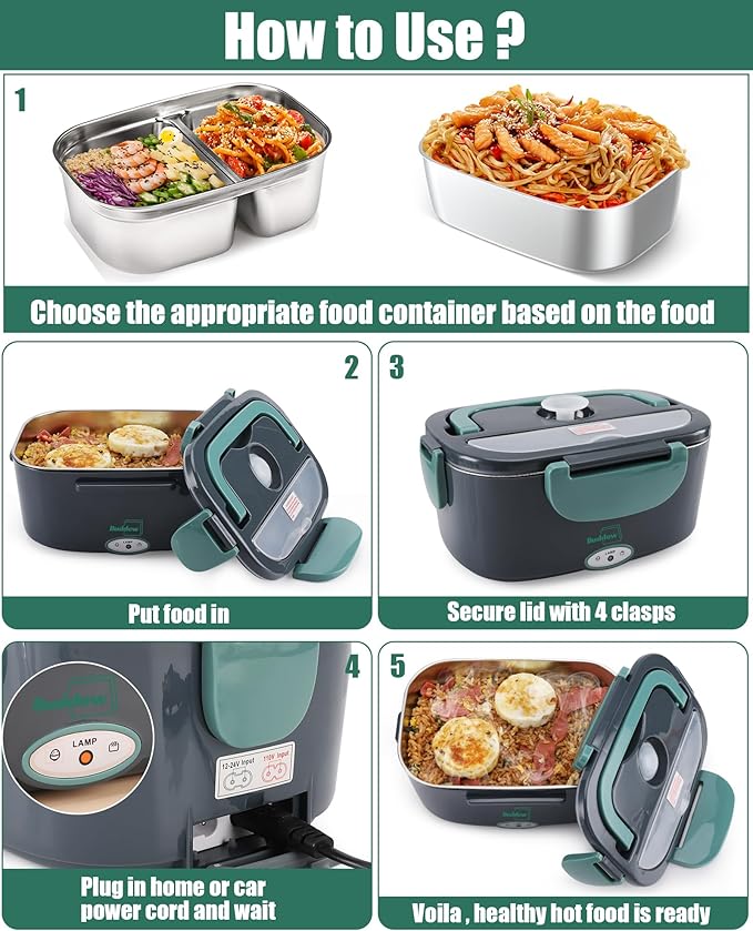 Buddew Electric Lunch Box for Adults, 80W Heated Lunch Box with Dual 1.5L Stainless Steel Portable Food Warmer,12/24/110V Lonchera Electrica Portatil for Travel&Work, Loncheras para Hombres de Trabajo