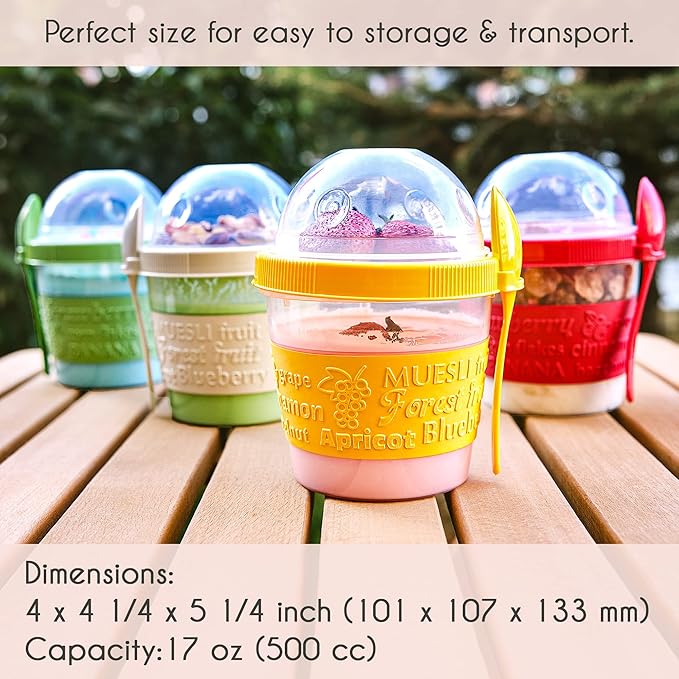 Crystalia Yogurt Parfait Cups with Lids, Mini Breakfast On the Go Plastic Bowls with Topping Cereal Oatmeal Container with Spoon for Lunch, Portable & Reusable, Colorful Set of 4 (Small 17 oz)