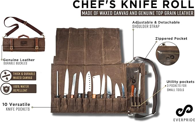 EVERPRIDE Waxed Canvas and Leather Chef Knife Roll Bag – Chef Bag Holds 10 Knives up to 15” PLUS Pocket for Cooking Accessories – Durable Knife Case for Professional Chefs – Knives Not Included