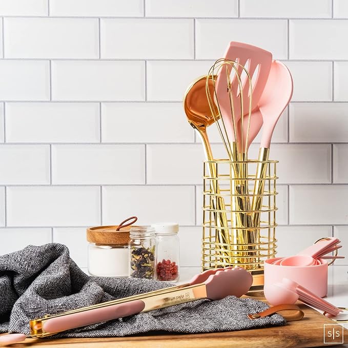 Pink and Gold Kitchen Utensils Set - 17-Piece Kitchen Tools Include Silicone Cooking Utensils, Spatula Holder, Measuring Cups and Spoons for Baking, Cooking - Stylish Pink Kitchen Accessories