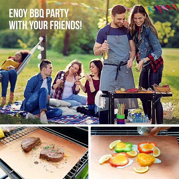 LOOCH Copper Grill Mat Set of 5 - Non-Stick BBQ Outdoor Grill & Baking Mats - Reusable and Easy to Clean - Works on Gas, Charcoal, Electric Grill and More - 15.75 x 13 Inch