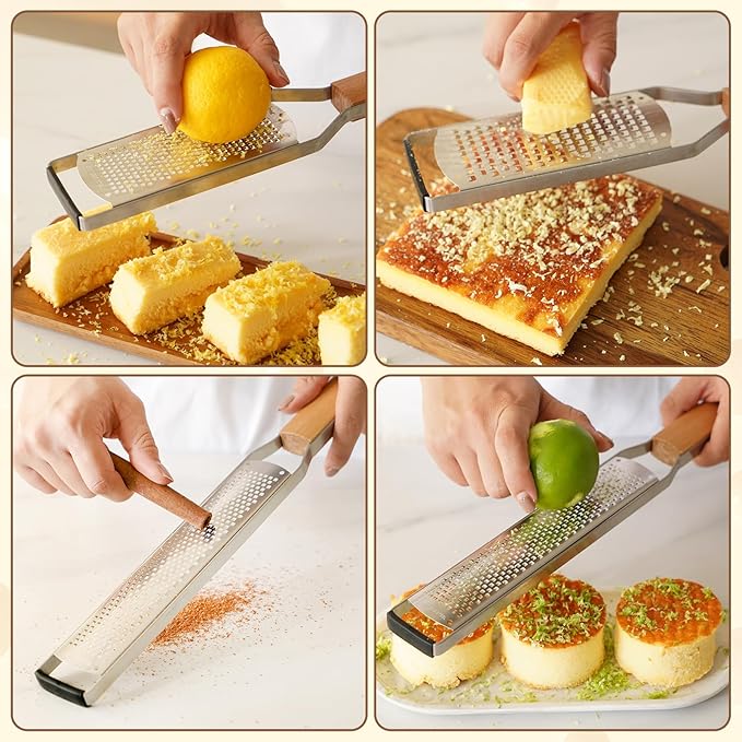 SHIKORI Professional Cheese Graters for Kitchen Stainless Steel Handheld, Metal Lemon Zester Grater With Wood Handle For Cheese, Chocolate, Spices, Kitchen Gadgets And Tools-Longboard