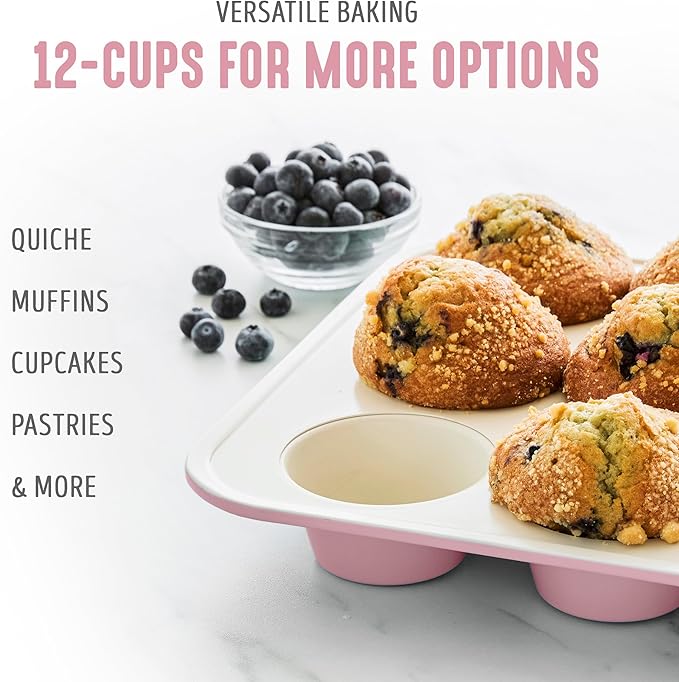 GreenLife 12-Cup Muffin Pan, PFAS-Free Healthy Nonstick Baking Tray, 11.4" x 1.9" x 15.9", Durable Ceramic Bakeware, Cupcakes, Egg Bites, Tarts, Brownies, Pink