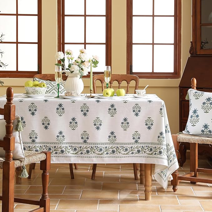 ISAENNE Designer White Linen Small Square Tablecloth,Chinoiserie Floral Elegant Indoor Table Cloth,Fall Stain Proof Decor Tablecloths for Dining Thanksgiving Kitchen Party,55"*55"-Mosella F
