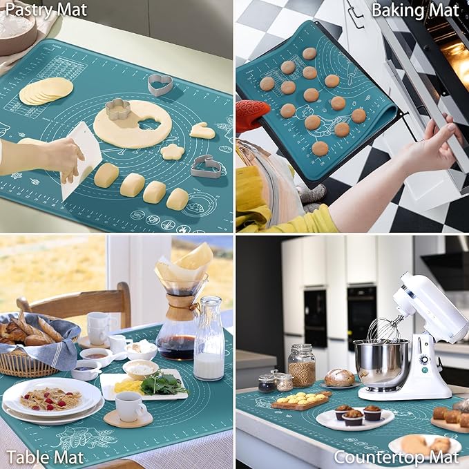 Silicone Pastry Mat 32" x 24" Extra Thick Non Stick Baking Mat with Measurements and Edge Heightening, Food Grade Silicone Rolling Mat for Pastry, Bread, Cookies, Pizza, Fondant, Pasta