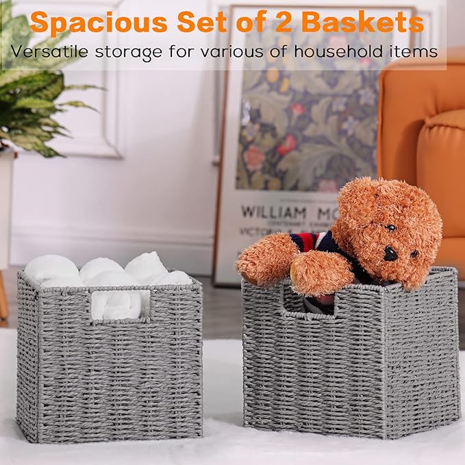 Vagusicc Wicker Storage Basket, Set of 2 Hand-Woven Storage Baskets for Shelves with Handles, Foldable Cube Storage Baskets Bins Organizer 13 inch Large Wicker Baskets for Pantry Bedroom Decor, Grey
