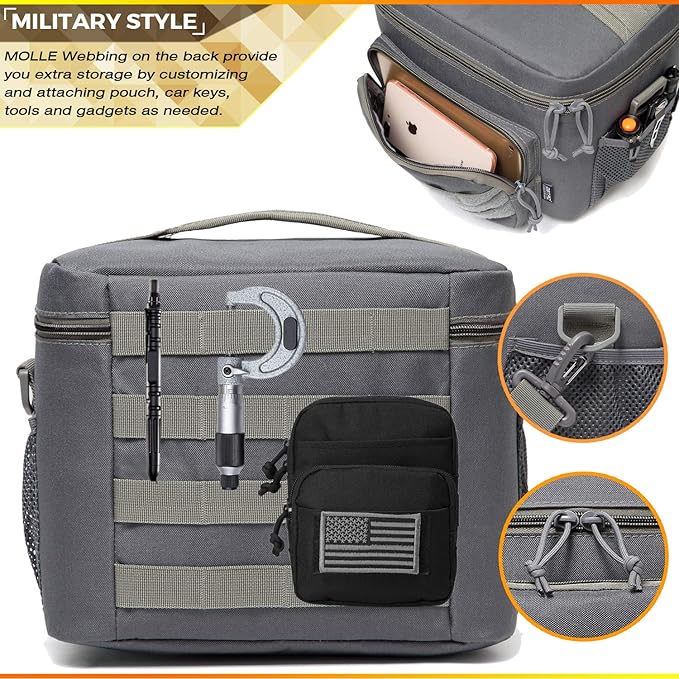 DBTAC Tactical Lunch Bag for Men Women, 12 Cans Insulated Lunch Box for Adult | 9L Leakproof Lunch Cooler Tote for Work Office Outdoor Travel | Soft Easy To Clean Liner x2, Grey