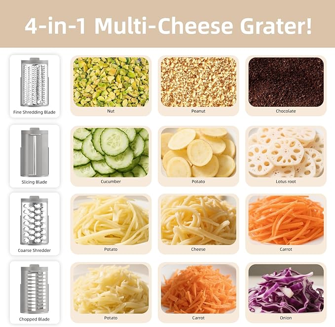 Electric Cheese Grater, Rotary Vegetable Slicer with 4 Interchangeable Drum Blades, Multifunctional Cheese Chopper Shredder for Kitchen Potato Veggie Salad Fruit etc