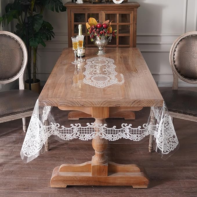 Rectangle Waterproof Clear Table Cover Protector Vinyl Table Cloth Oil Spill Proof Wipe Clean Lace Plastic Tablecloths for Dining Tables (White, 60 x 120 Inches)