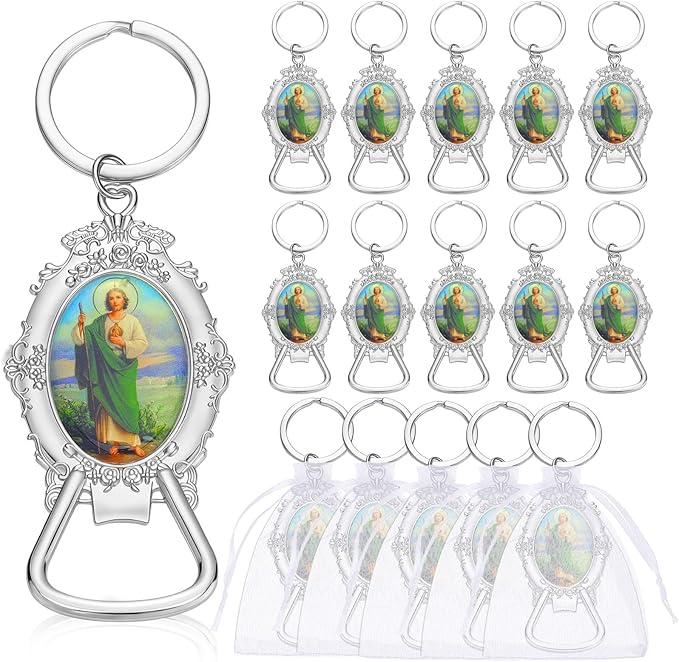 Misdary 12 Pcs St. Jude Bottle Opener Keychain Catholic Bottle Opener with Organza Baptism Party Favor for Guest