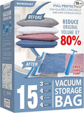 15 Pack Vacuum Storage Bags with Hand Pump, 80% Space Saver Vacuum Seal Storage Bags for Clothing, Travel Lugggage, Blankets, Comforters