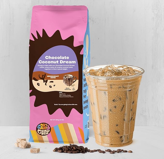 Crazy Cups Flavored Chocolate Ground Coffee, Chocolate Coconut Dream Coffee in 10 oz Bag, For Brewing Hot or Iced