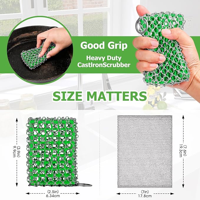 Cast Iron Scrubber,Easily Removes Stains, Protects Coatings, with Bamboo Fiber Cloth & Pan Scraper, Ideal for Cast Iron Pans, Dutch Roast Pans