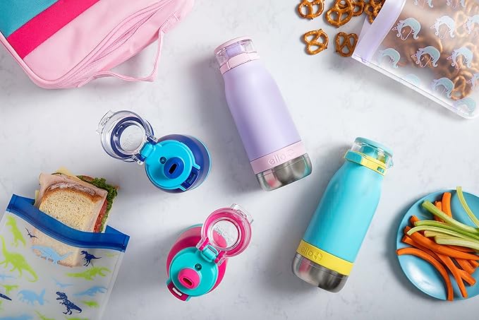 Ello Emma 14oz Vacuum Insulated Stainless Steel Kids Water Bottle with Straw and Built-in Carrying Handle and Leak-Proof Locking Lid for School Backpack, Lunchbox and Outdoor Sports