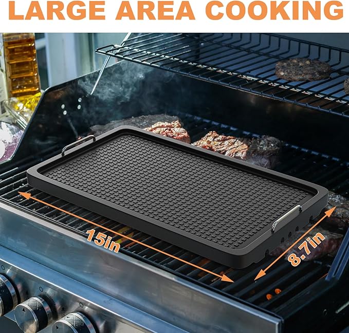 Cast Iron Griddle for Gas Grill Universal, 15" x 8.7" Griddle Pan for Stove Top with Handle, Grill Griddle, Stove Top Griddle for Charcoal/Gas/Electric Grills, Cast Iron Grill Pan for Outdoor/Camping