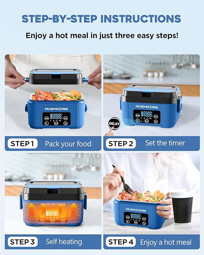 Cordless Electric Lunch Box – Rechargeable Self-Heating Food Warmer with 1100ML SS Container, Battery-Powered Heated Lunch Box, Perfect for Travel, Office Meals for Adults, Men & Women