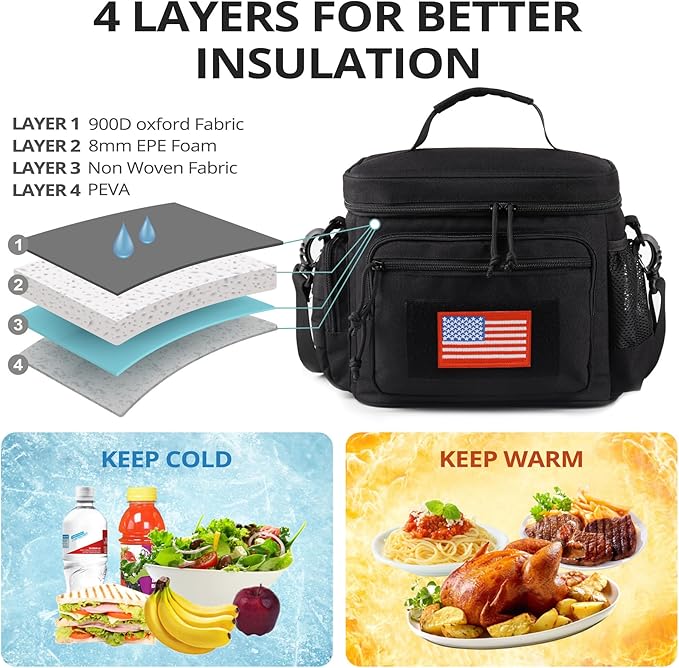 Lunch Box for Men, Tactical Lunch Bag MOLLE Webbing Leakproof Insulated Large Lunch Cooler Women Adult Meal with Adjustable Shoulder Strap Durable Lunch Pail(Black)