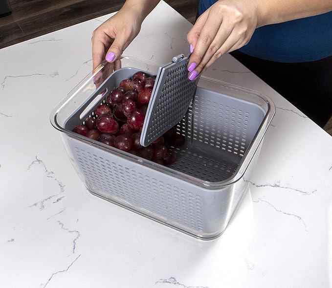 Kitchen Spaces Colander Stackable Food Storage Bin, Large, Gray, 11"L x 7"W x 9"H