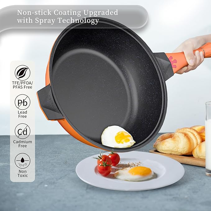 TIBORANG 8 in 1 Multipurpose 11 Inch 5 Quart Heat Indicator Nonstick Deep Frying Pan with Glass Lid,Stay-cool Handle,Steamed Grid,PFOA-Free,Dishwasher&Oven Safe,Works with All Stovetops(Tangerine)