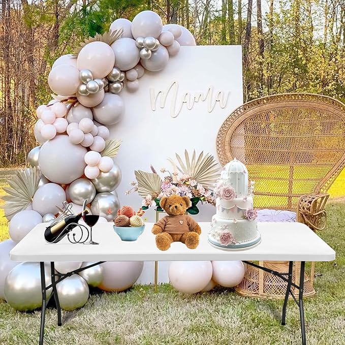 10 Pack Stretch Fabric Table Top Cap Cover, fits 8' Tables, Spandex Table Covers Washable Elastic Rectangle Tablecloth Protector for Indoor Outdoor Party Picnic Wedding, White, 30" W x 96" L