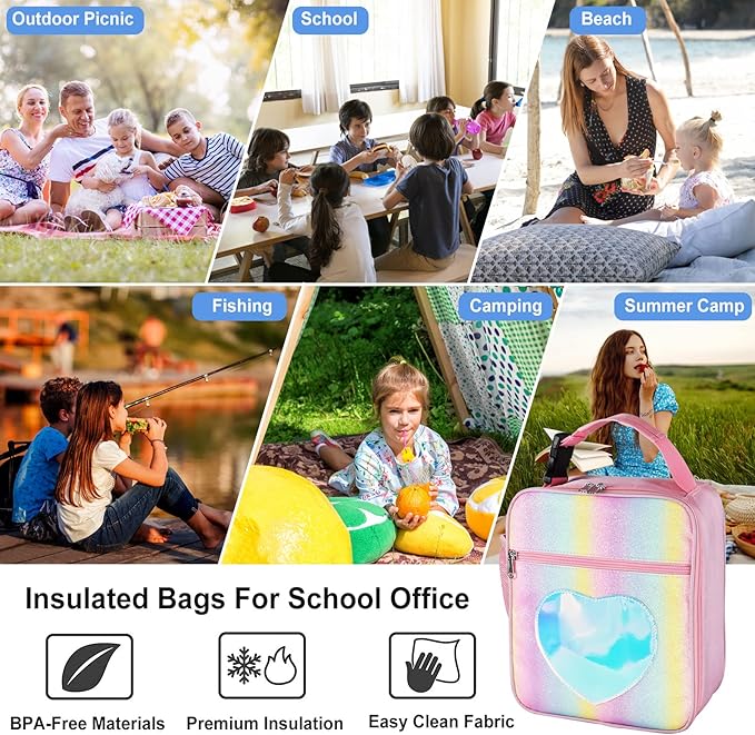 Insulated Lunch Bag, Leakproof Portable Lunch Box for Women Men Boys Girls, Large Capacity Cooler Bag for Office School Camping Hiking Outdoor Beach Picnic (Rainbow Pink)