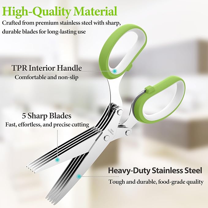 2025 Upgraded Herb Scissors, Effortless Herb Shears Cutter Tool with Sharp Stainless Steel Blades for Fresh Herbs, Must-Have Kitchen & Cooking Gadget, Green