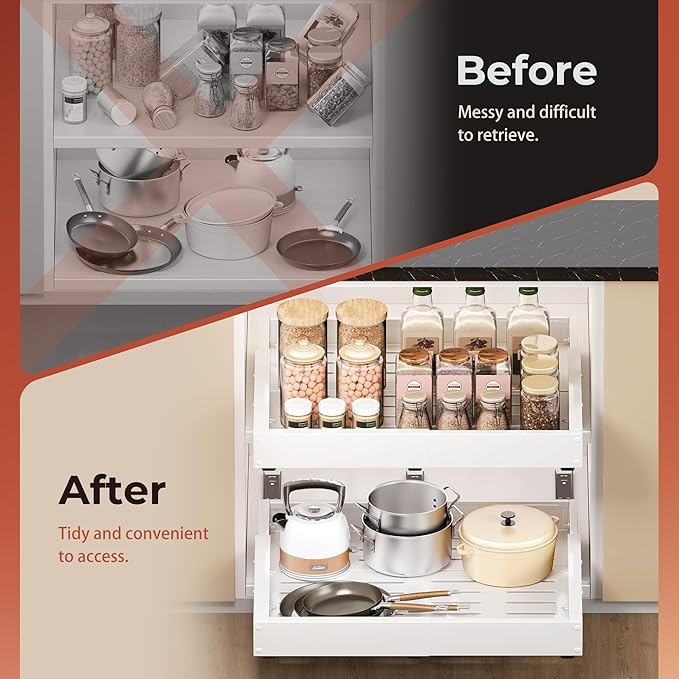 Pull Out Cabinet Organizer, 2 Pack Slide Out Drawer Expandable Width (10"-16") and Depth (17"-25") With 3 Slides, Fixed with Adhesive Film or Nail for Cabinets in Kitchen, Pantry or Bathroom