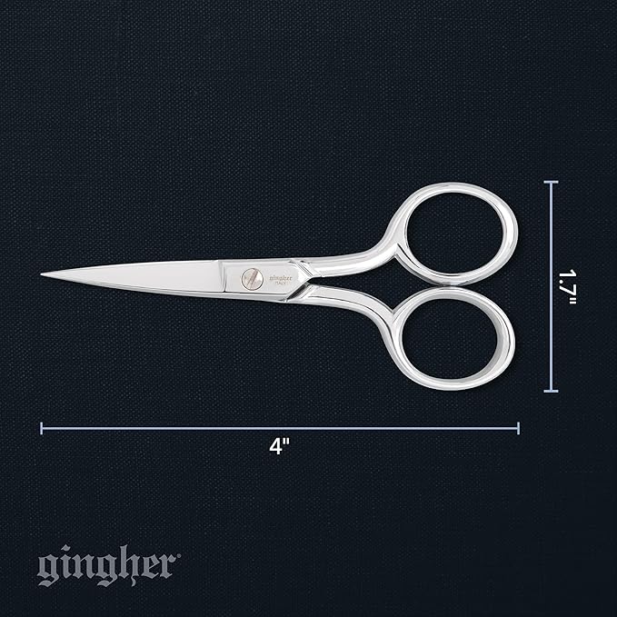 Gingher Embroidery Scissors, Precision Craft Scissors, Hand-Tuned Blades & Double Loop Handle, 4”, Silver/Nickel