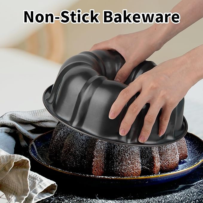 9.5" Non-stick Cake Pan, Heavy Duty Carbon Steel Fluted Tube Round Baking Pan,Buntz Pound Cake Pan Mold,Tube Bakeware,Baking Mold for Jello,Gelatin,Chocoflan,Flan - 2 PCS