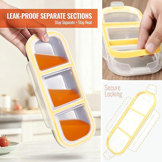 Stainless Steel Snackle Box Container,Reusable Bento Box for Kids & Adults,Leak-Proof Snack Containers with Lids, Perfect for Lunchables, Snack Pack Containers(3 Compartments Yellow)