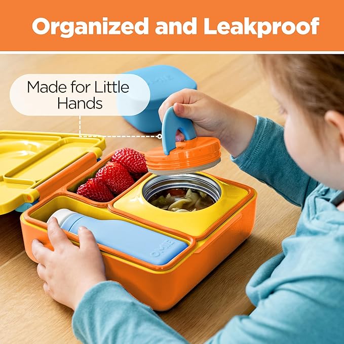 OmieBox Bento Box for Kids - Insulated Bento Lunch Box with Leak Proof Vacuum Insulated Food Jar - 3 Compartments, Two Temperature Zones (Sunshine)