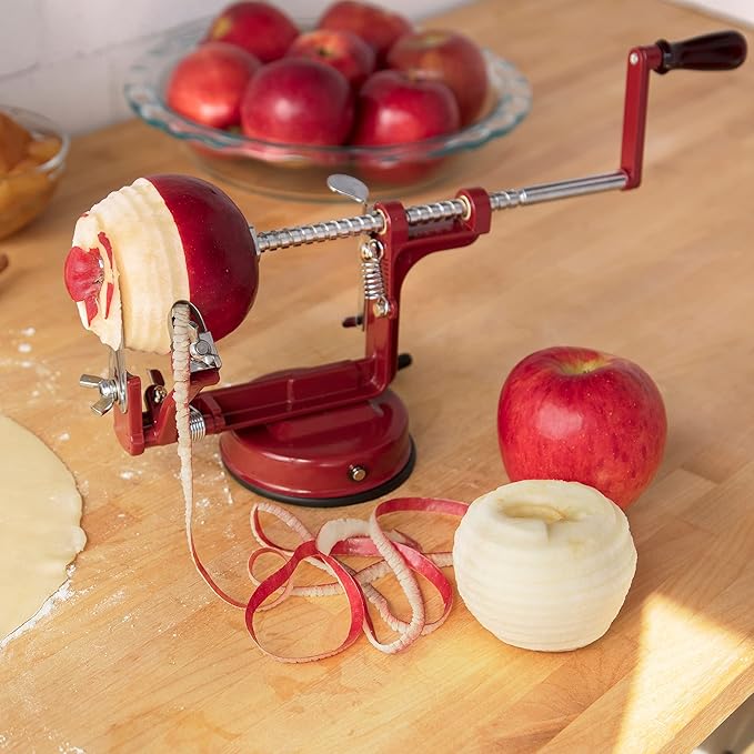 Apple Peeler and Corer - Durable Heavy Duty Chrome Cast Iron w Powerful Countertop Suction, Hand Crank for Fruits, Potatoes or Veggies, Picking Season- Thanksgiving Pie Dessert Baking, Holiday Gift
