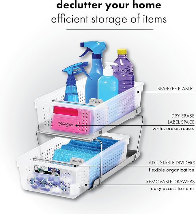 madesmart 2-Tier Organizer, Multi-Purpose Slide-Out Storage with Handles and Dividers for Home and Bath, Easy Assembly, BPA Free, Frost