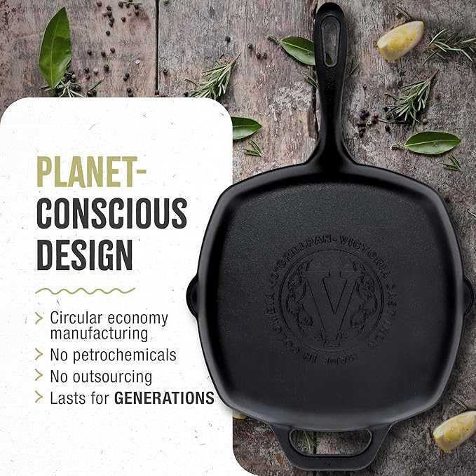 Victoria Cast Iron Grill Pan, Square Grill Pan, Cast Iron Griddle Pan, Seasoned with 100% Kosher-Certified, Non-GMO Flaxseed Oil, Black, 10 Inches